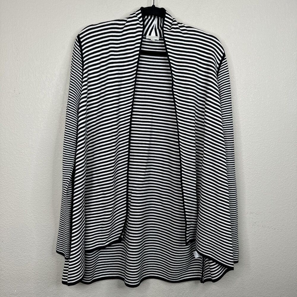 Talbots Cardigan Women Large Black White Strip Preppy Classic Mom Church